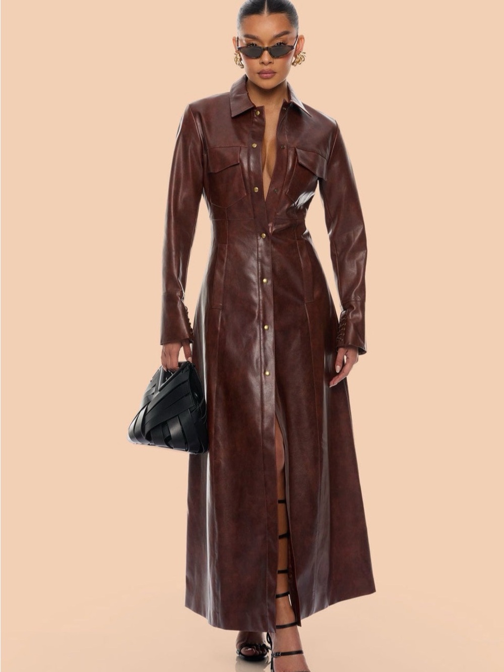Fashion Nova Chocolate Brown Long Leather Button-Front Trench